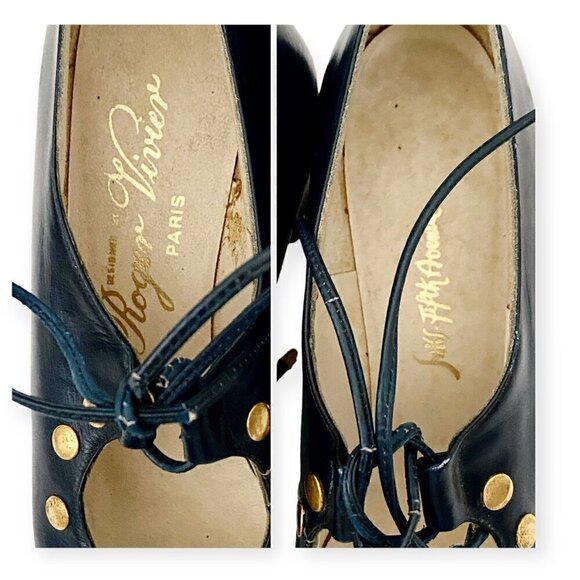 Vintage Roger Vivier Navy Blue Leather Ghillie Pumps with Metal Ornamentation, N - Picture 10 of 16
